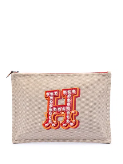 Pre-owned Hermes 2010-2026 H Canvas Embroidered Electrique Flat Case Clutch Bag In Orange