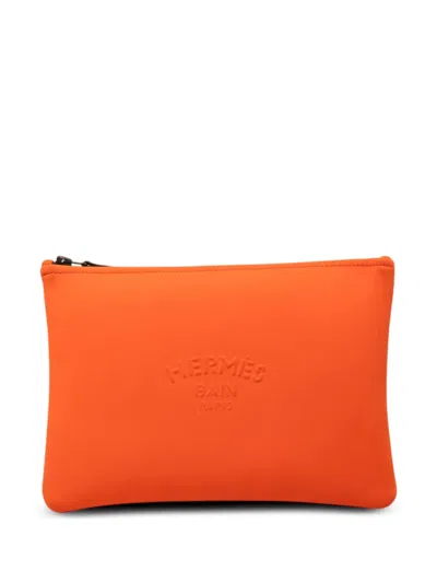 Pre-owned Hermes 2010-2026 Medium Neoprene Neobain Case Clutch Bag In Orange