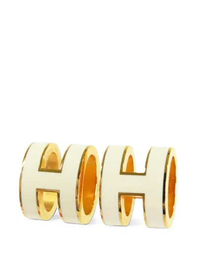 Pre-owned Hermes 2010-2026 Mini Gold Plated Enamel Pop H Push Back Earrings Costume Earrings In White