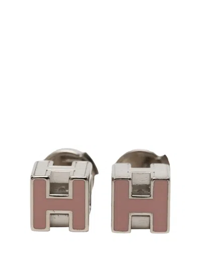 Pre-owned Hermes 2010-2026 Palladium Plated And Enamel Cage D H Push Back Earrings Costume Earrings In Pink