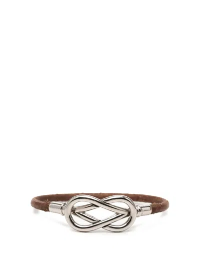 Pre-owned Hermes 2010-2026 Palladium Plated And Leather Atame Knot Bracelet Costume Bracelet In Brown