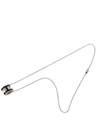 Pre-owned Hermes 2010-2026 Palladium Plated Enamel Pop H Pendant Necklace Costume Necklace In Black