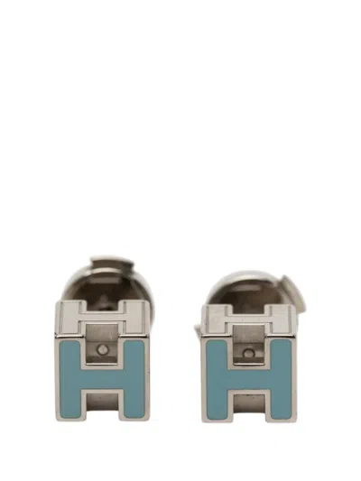 Pre-owned Hermes 2010-2026 Palladium Plated Lacquer Cage Dh Earrings Costume Earrings In Blue