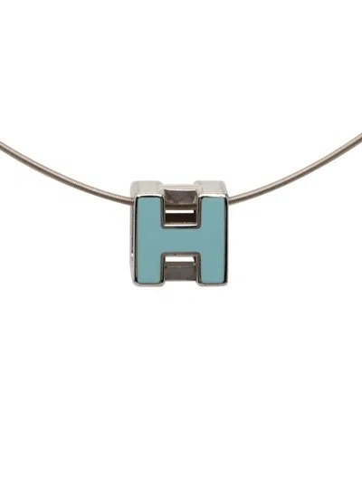 Pre-owned Hermes 2010-2026 Palladium Plated Lacquered Cage D H Pendant Necklace Costume Necklace In Blue