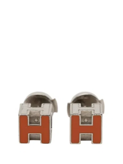 Pre-owned Hermes 2010-2026 Palladium Plated Lacquered Cage Dh Earrings Costume Earrings In Orange