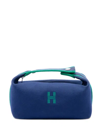 Pre-owned Hermes 2010-2026 Small Toile Bride A Brac Case Vanity Bag In Blue