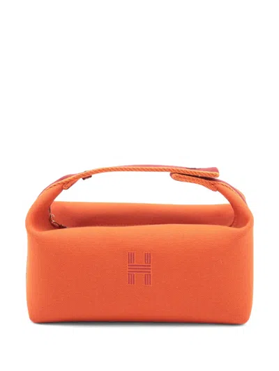 Pre-owned Hermes 2010-2026 Small Toile Bride A Brac Case Vanity Bag In Orange