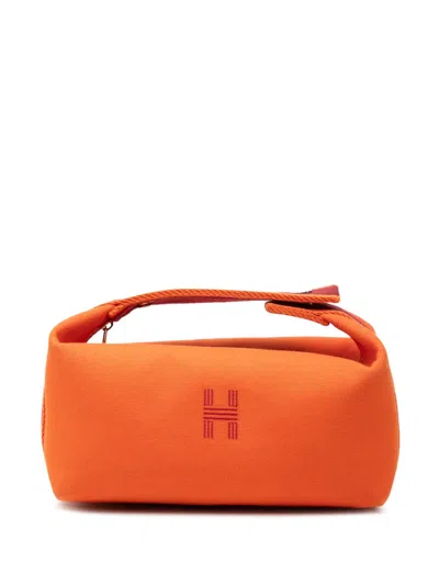 Pre-owned Hermes 2010-2026 Small Toile Bride A Brac Case Vanity Bag In Orange