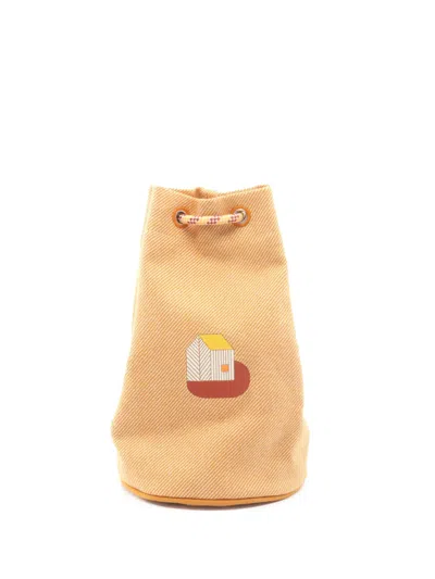 Pre-owned Hermes 2010-2026 Wool Les Cabanes Drawstring Bag Bucket Bag In Orange