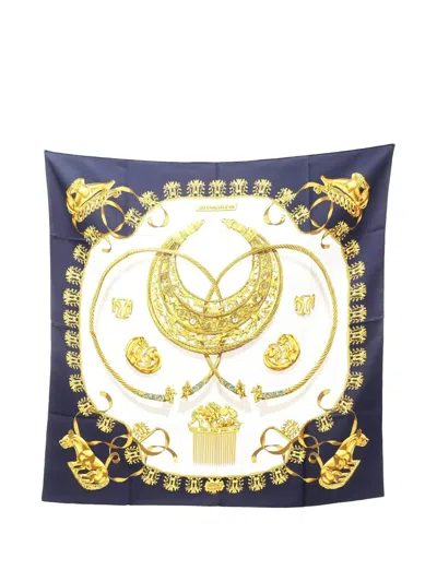 Pre-owned Hermes 2010s 90 Les Cavaliers D'or Scarf In Blue