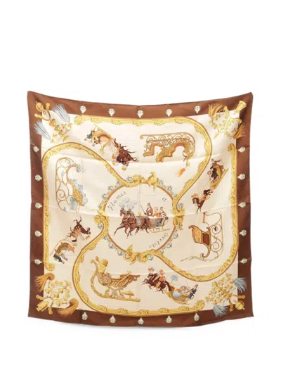 Pre-owned Hermes 2010s 90 Plumes Et Grelots Scarf In Neutrals