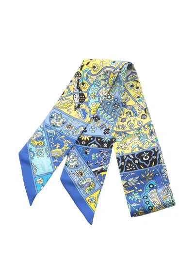 Pre-owned Hermes 2010s Au Pays Des Oiseaux Fleurs Ribbon Scarf In Blue