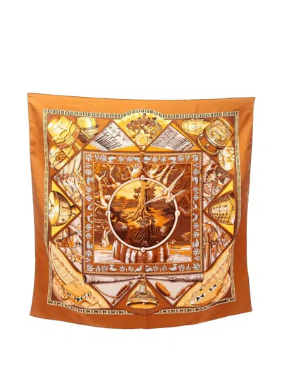 Pre-owned Hermes 2010s Au Son Du Tam Tam Silk Scarf In Brown