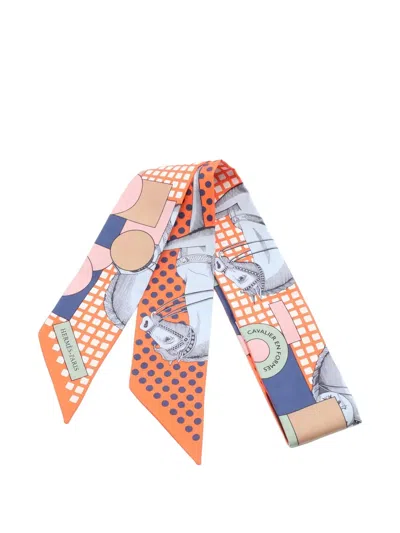 Pre-owned Hermes 2010s Cavalier En Formes Printed Ribbon Scarf In Orange
