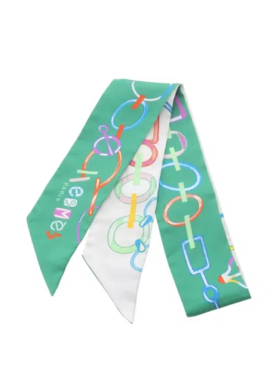 Pre-owned Hermes 2010s Chain Print Ribbon Scarf In White