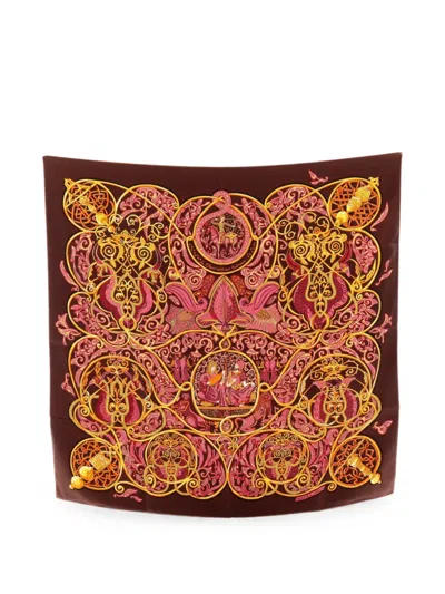 Pre-owned Hermes 2010s Charming Animals Scarf In Brown