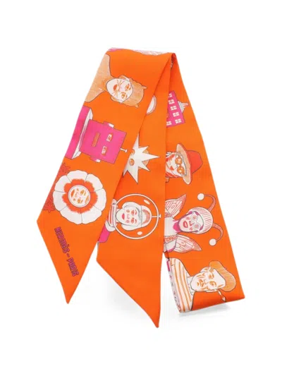 Pre-owned Hermes 2010s Dress Code Twilly Scarf In Orange