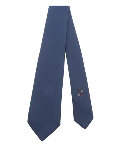 Pre-owned Hermes 2010s Embroidered Logo Tie In Blue