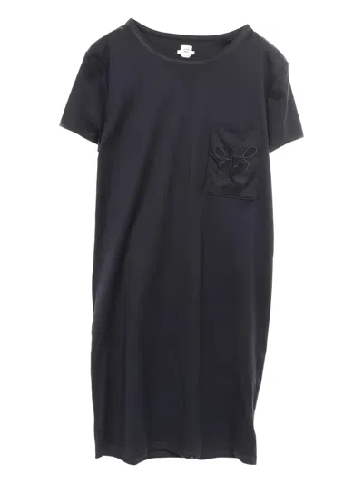 Pre-owned Hermes 2010s Embroidered Pocket Cotton Dress In Blue