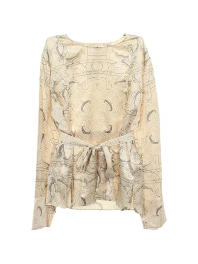 Pre-owned Hermes 2010s Eperon D'or Belted Blouse In Neutrals