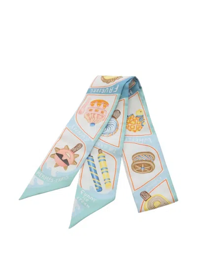 Pre-owned Hermes 2010s Funny Ice Cream Ribbon Silk Scarf In Blue