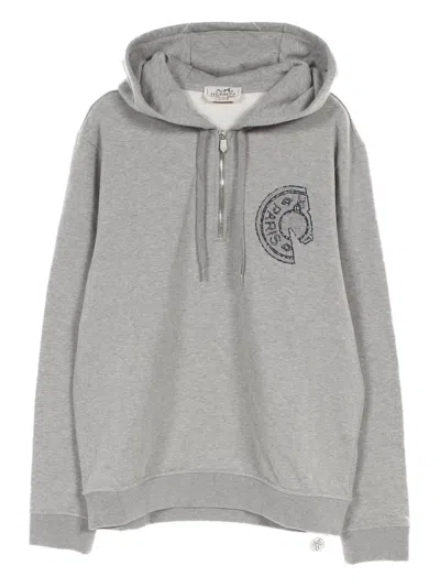 Pre-owned Hermes 2010s Half-zip Embroidered Hoodie In Gray