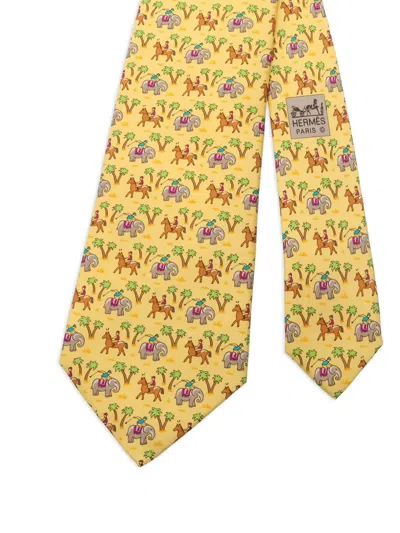 Pre-owned Hermes 2010s Horse Elephant-print Tie In Yellow