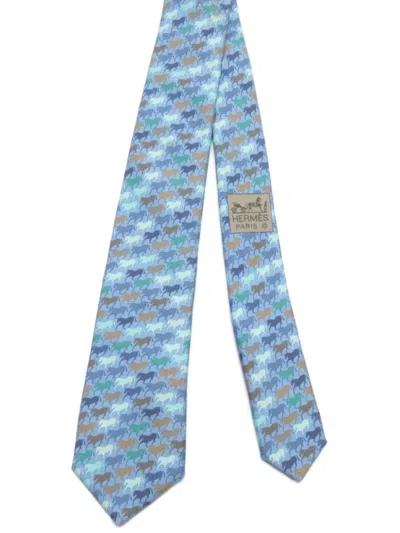 Pre-owned Hermes 2010s Horse-pattern Silk Tie In Light Blue, Multicolor