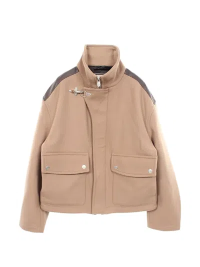 Pre-owned Hermes 2010s Leather-trim Wool Jacket In Neutrals