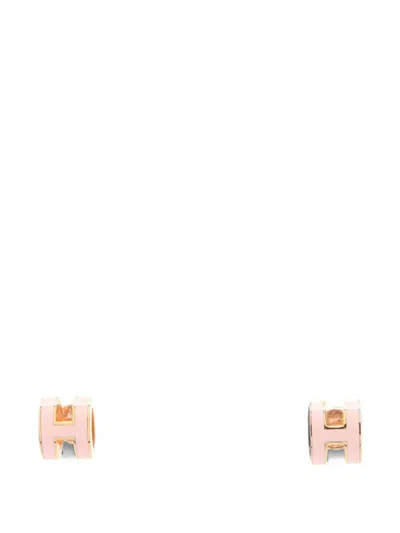 Pre-owned Hermes 2010s Mini Pop H Engraved-logo Earrings In Gold