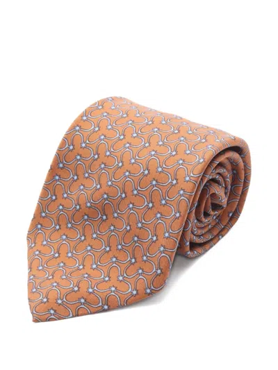 Pre-owned Hermes 2010s Patterned Silk Tie In Orange