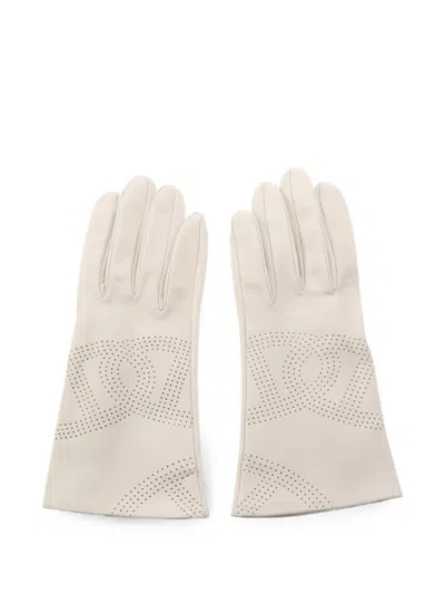 Pre-owned Hermes 2010s Perforated-logo Leather Gloves In Neutrals