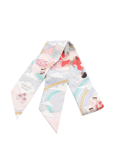 Pre-owned Hermes 2010s Printed Ribbon Scarf In Gray