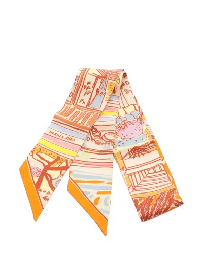 Pre-owned Hermes 2010s Rayures D'ete Ribbon Scarf In Orange