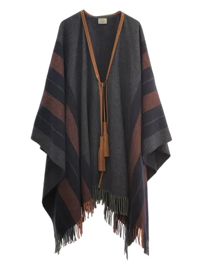 Pre-owned Hermes 2010s Striped Merino-cashmere Poncho In Blue