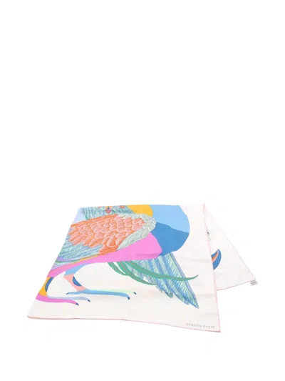 Pre-owned Hermes 2010s Toucans De Paradis Silk Scarf In White