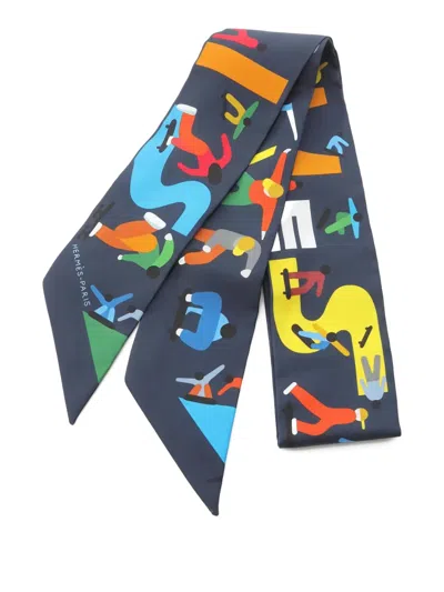 Pre-owned Hermes 2010s Twilly Figures Libres Scarf In Blue