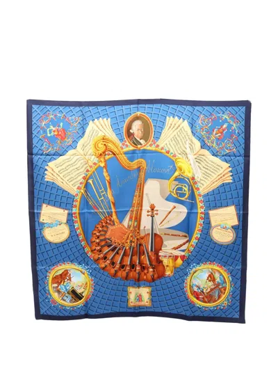 Pre-owned Hermes 2010s Wolfgang Amadeus Mozart Printed Silk Scarf In Blue