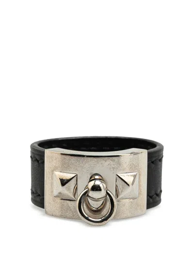 Pre-owned Hermes 2011-2025 Leather And Palladium Plated Collier De Chien Ring Costume Ring In Black