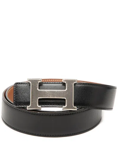 Pre-owned Hermes 2011 Togo And Box Calf H Strie Reversible Belt In Black