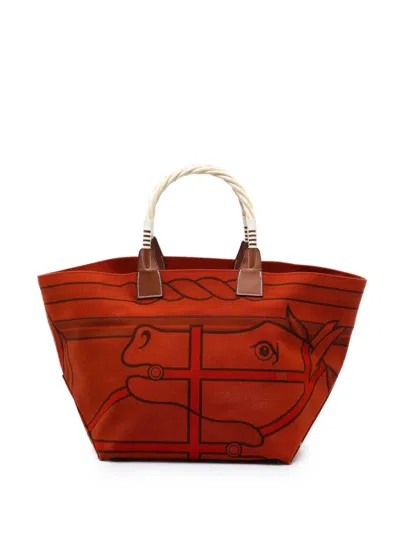 Pre-owned Hermes 2011 Toile H Plume Quadrige Au Fil Steeple 31 Tote Bag In Red
