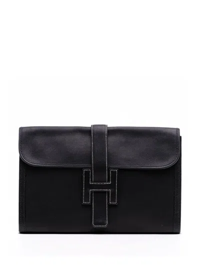 Pre-owned Hermes 2012 Evergrain Jige Pm Clutch Bag In Black