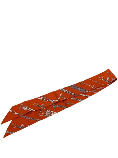 Pre-owned Hermes 2012-2026 Chaines Et Gourmettes Silk Twilly Scarf Scarves In Orange