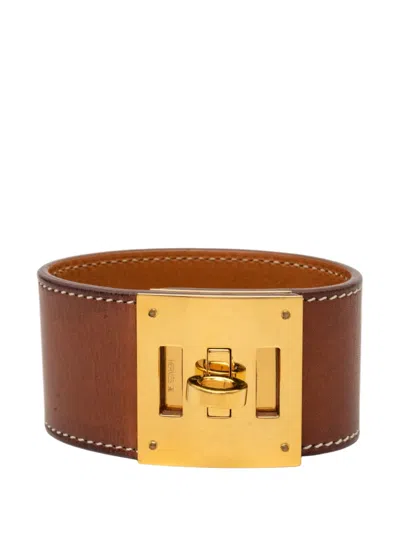 Pre-owned Hermes 2013 Barenia And Gold Plated Kelly Dog Bracelet Costume Bracelet In Brown