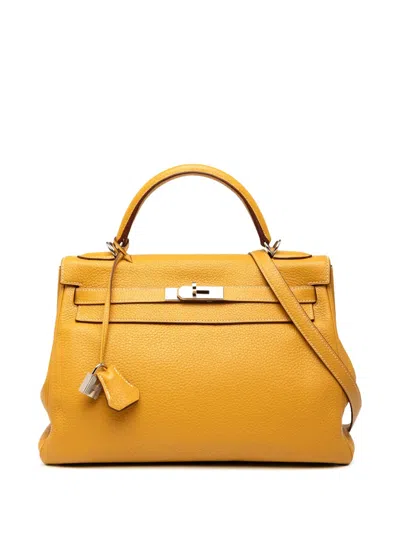 Pre-owned Hermes 2013 Clemence Kelly Ii Retourne 32 Satchel In Yellow