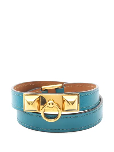 Pre-owned Hermes 2013 Rivale Double Tour Leather Bracelet In Gold