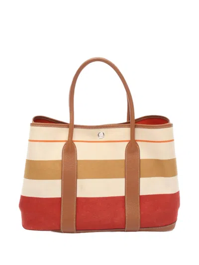 Pre-owned Hermes 2013 Toile And Negonda Striped Garden Party 36 Tote Bag In Brown