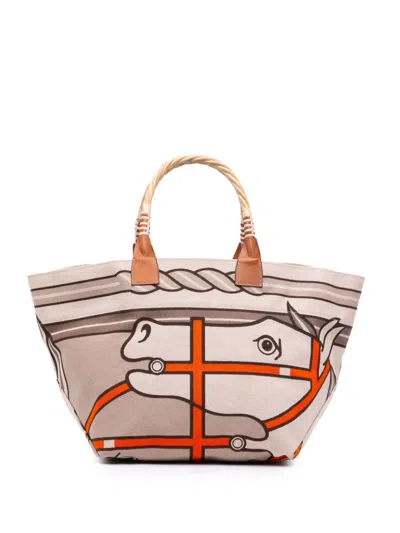 Pre-owned Hermes 2013 Toile H Plume Quadrige Au Fil Steeple 31 Tote Bag In Brown