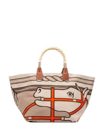 Pre-owned Hermes 2013 Toile H Plume Quadrige Au Fil Steeple 31 Tote Bag In Brown