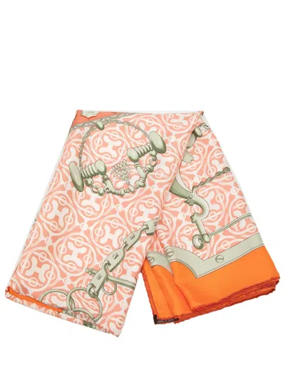 Pre-owned Hermes 2013-2018 Mors Et Gourmettes Silk Shawl Scarves In Orange